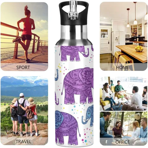 Miniatura 5 de BPA-Free Sport Water Bottle 32 Oz, Insulated Water Bottle for Gym Outdoor Travel School, Cute Purple Elephants Purple Blue