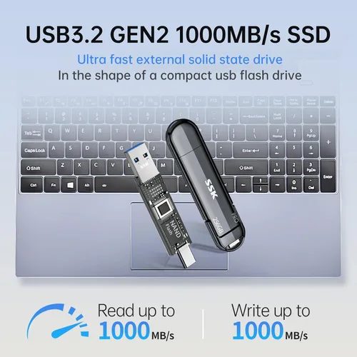 Miniatura 2 de SSK Unidad Flash USB 256GB SSD Externa, TLC NAND Unidad de Estado Sólido de Doble Puerto USBC y USBA, Hasta 1000MB/s Unidad USB de Pulgar Portátil