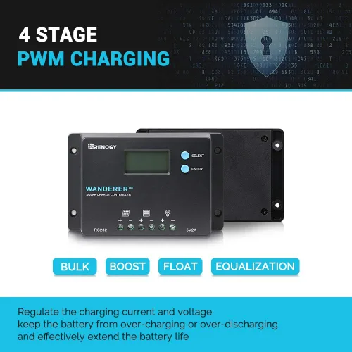 Miniatura 4 de Renogy controlador de carga solar de 10 amperes, 12 V/24 V PWM, conexión de polo negativo a tierra, diseño compacto con pantalla LCD