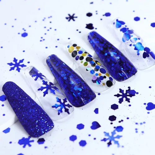 Miniatura 2 de Lentejuelas azules con purpurina para uñas navideñas, 6 rejillas, lentejuelas con purpurina para uñas de invierno, mezcla de copos de nieve