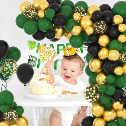 Miniatura 6 de Kit de arco de guirnalda de globos de color verde oscuro, negro y dorado, 122 globos de confeti negro verde oscuro metálico dorado para selva, Verde