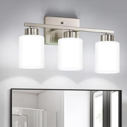 Miniatura 16 de FonmYim Lámpara de baño negra, lámpara de tocador moderna de 3 luces sobre espejo, apliques de pared con pantallas de vidrio esmerilado blanco
