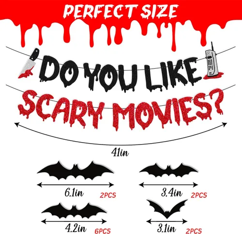 Miniatura 2 de Decoración de Halloween Do You Like Scary Movies Banner con adornos de murciélago en 3D, películas de terror sagradas, decoración de fiesta nocturna