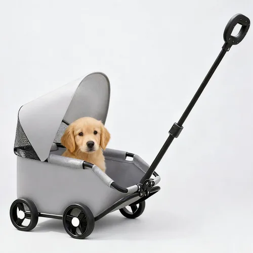 Miniatura 3 de Cochecito de lujo para mascotas, gris, diseño plegable con toldo ajustable, vagón para perros pequeños y gatos, con mango extendido