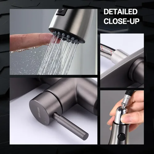Miniatura 6 de WEWE Grifo de cocina de acero inoxidable negro con rociador desplegable, grifo de fregadero de acero inoxidable comercial moderno de una sola manija