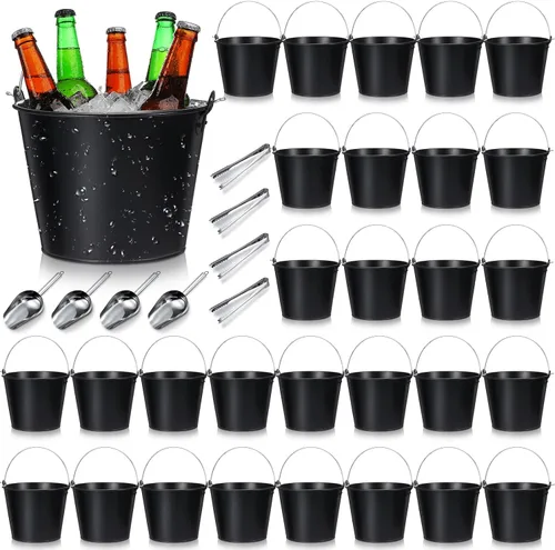 Miniatura 10 de Zopeal Juego de 24 cubos de cerveza galvanizados, 16 cubos de metal con 4 cucharadas y 4 pinzas, cubo de hielo rústico de 7 pulgadas para fiestas