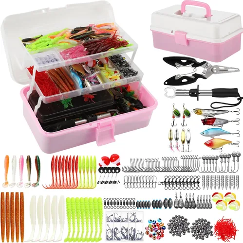 RoundFunny Caja grande de 517 piezas de 3 capas con señuelos de pesca con aparejos que incluye alicates, pinza de labios de pez, crankbait, ganchos,
