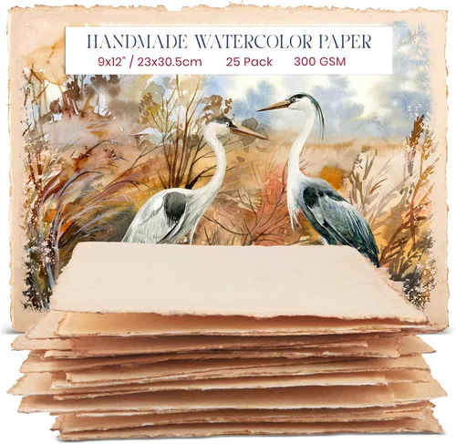 Wanderings Papel de acuarela vintage grueso hecho a mano con borde deckle – 9 x 12 pulgadas – 300 GSM, papel mixto texturizado de prensa en frío