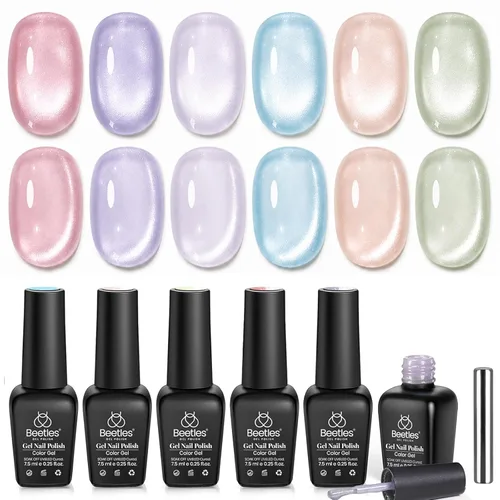 Miniatura 18 de Beetles - Juego de esmaltes de gel blanco y negro, 6 colores plateados, ojo de gato, purpurina brillante con imán, arte de uñas UV LED, hogar, salón