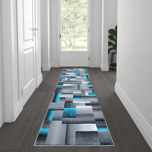 Miniatura 12 de Flash Furniture Elio Collection - Alfombra de área con patrón de bloques de color, alfombra de olefina azul de pelo alto, alfombra de área de 2 x 3
