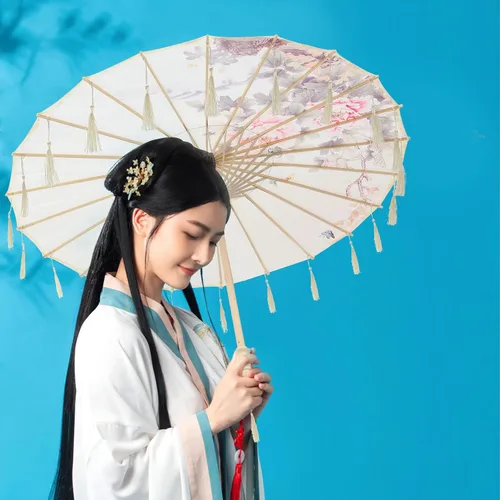 Miniatura 5 de Homoyoyo Sombrilla de tela con patrón de flores, sombrilla de tela de seda japonesa china con bolsa de borlas, kimono Hanfu, suministros de disfraz