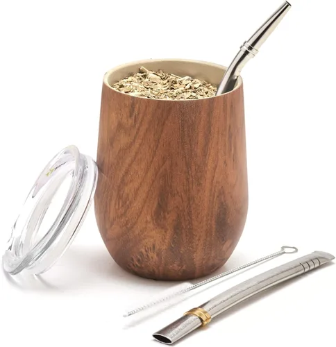 BALIBETOV Juego de calabaza de yerba mate de acero inoxidable premium, 5 piezas, incluye calabaza de 12 onzas con tapa, 2 bombillas, cepillo de