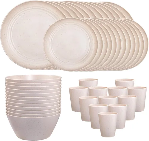 LIYH - Juego de vajilla de paja de trigo de plástico beige de 48 piezas - Juegos de platos y tazones reutilizables, platos irrompibles, tazón, taza,