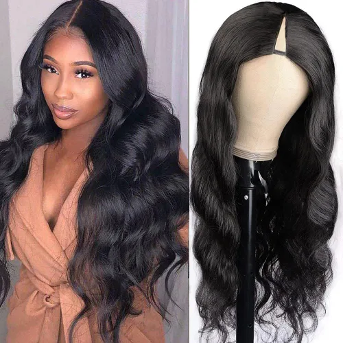 Miniatura 9 de Pelucas con camino en V ondulada de cabello humano virgen brasileño para mujeres negras; mejora de pelucas con camino en U, sin pegamento, con clip