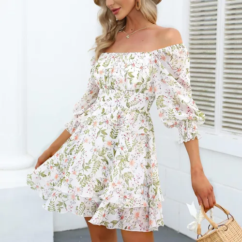Miniatura 5 de EXLURA - Vestido corto de verano para mujer vestido con estampado floral diseño escalonado con volantes cuello cuadrado manga larga y hombros