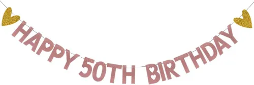 Cartel de Feliz 50 cumpleaños, pre-encordado, papel de oro rosa con purpurina, decoraciones para fiestas de cumpleaños de 50 años, letras de oro