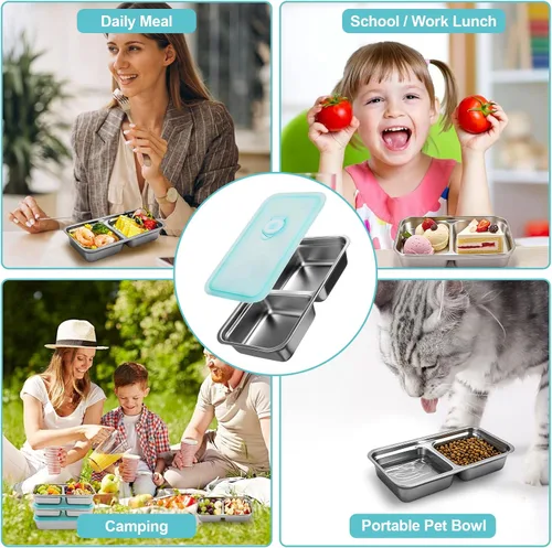 Miniatura 4 de Recipientes reutilizables de acero inoxidable con tapas, contenedores de doble compartimento para aperitivos, recipientes pequeños para condimentos