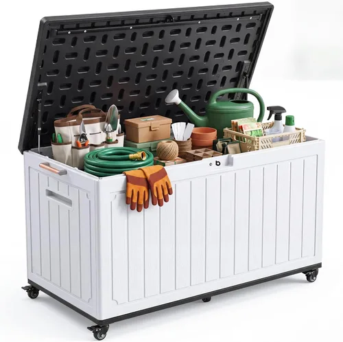 Miniatura 14 de YITAHOME Caja de cubierta para exteriores de 32 galones, caja de almacenamiento impermeable con tapa y lateral bloqueables, contenedor