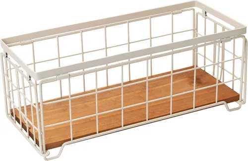 Miniatura 9 de Cesta de almacenamiento de alambre de metal, soporte para rollo de papel higiénico, base de madera, caja de decoración de encimera, estante de Crema
