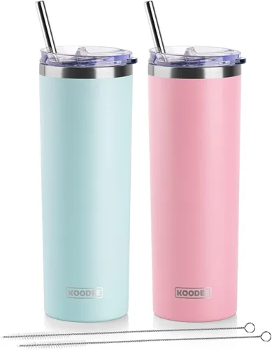 Miniatura 16 de Koodee - Vaso delgado de acero inoxidable de 20 onzas (4 unidades) aislado con doble pared, vaso de agua con 4 tapas, 4 popotes y 2 cepillos