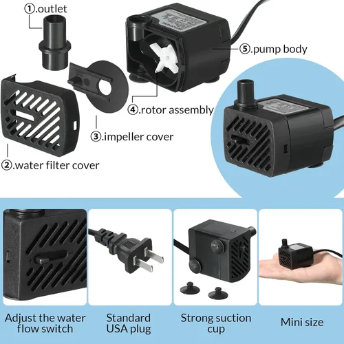 Miniatura 3 de Lounsweer 6 unidades de bomba de fuente pequeña 50gph mini bomba de agua sumergible con tubo de 3.3 pies 3W silenciosa fuente de agua bombas