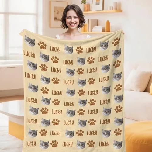 Miniatura 2 de Manta personalizada con cara de gato y nombre de forro polar suave, divertida manta de fotos de varios tamaños, mantas personalizadas para sofá