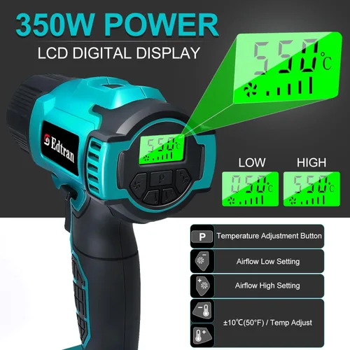 Miniatura 2 de Pistola de calor inalámbrica para batería Makita de 18V, pistola de aire caliente de 350W con calentamiento rápido de 122℉ a 1022℉ con pantalla LCD