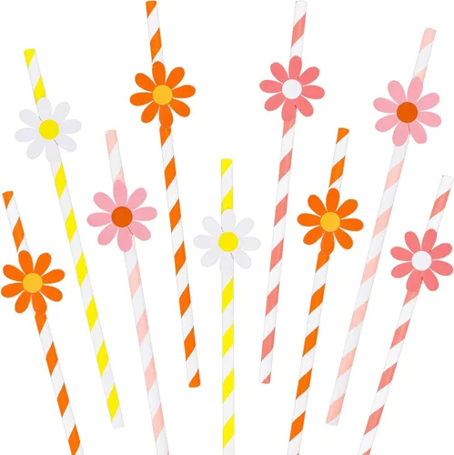 AnyDesign 60 popotes de papel de margarita, pajitas desechables de flores hippie boho, coloridas pajitas florales para decoración de fiestas para