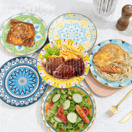 Miniatura 5 de Juego de 6 platos de postre de 8 pulgadas de cerámica para ensalada y aperitivos - Colores vibrantes para mezclar y combinar - Aptos para Mándala