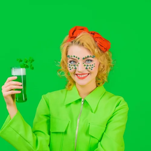 Miniatura 5 de Ecuupas Día de San Patricio, gemas faciales para festivales de tréboles, trébol con purpurina verde, diseño de diamantes de imitación de ojos