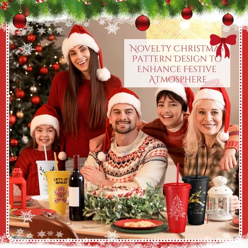 Miniatura 6 de Umigy 24 piezas de tazas de Navidad, tazas de plástico para fiesta de Navidad, 24 oz de tazas reutilizables con tapas y popotes en diferentes temas