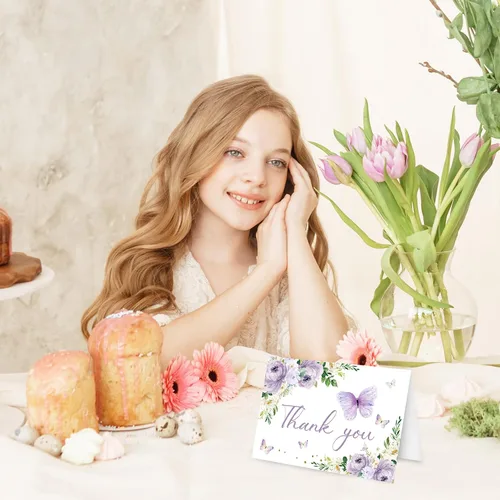Miniatura 7 de Whaline 24 tarjetas de agradecimiento de mariposa floral, tarjetas de felicitación de flores moradas con etiqueta sobre de acuarela de primavera