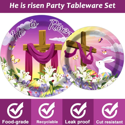 Miniatura 4 de 98 Piezas Decoraciones de Fiesta de Pascua He is Risen Juego de Vajilla de Pascua He is Risen Platos Religiosos Servilletas Mantel Kit