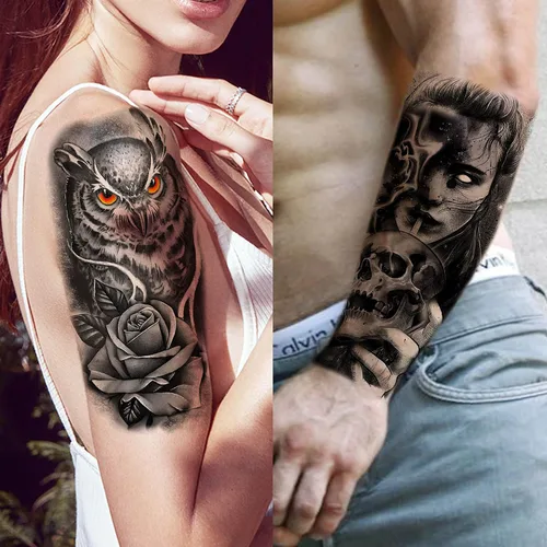 Miniatura 4 de COKTAK 68 hojas de tatuajes temporales grandes para manga de medio brazo para hombres y mujeres, tatuajes temporales falsos de Halloween de tribu