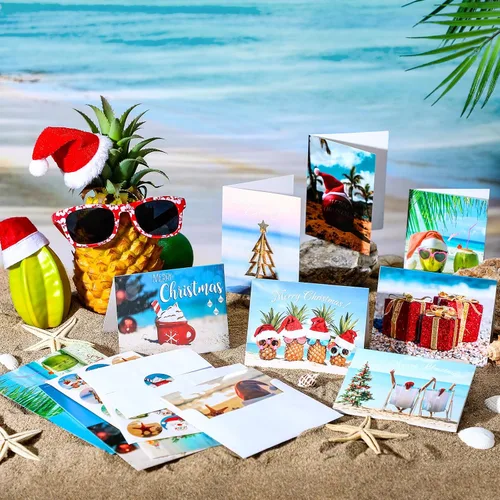 Miniatura 2 de Ctosree 60 juegos de tarjetas de felicitación de Navidad en julio, verano, estilo playa, a granel, con sobres y calcomanías para suministros