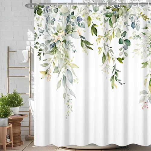 Miniatura 24 de Cortina de ducha de eucalipto verde salvia Velaequezii con plantas de acuarela, hojas botánicas de primavera impresas, cortina de baño impermeable