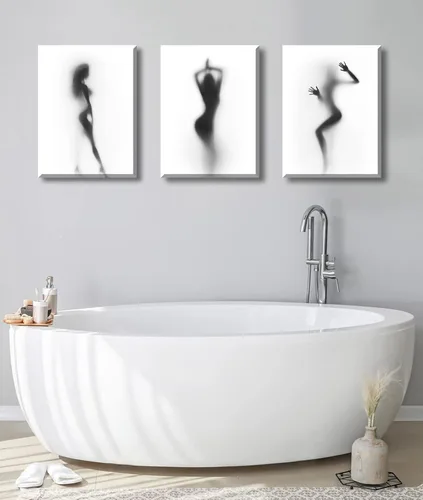 Miniatura 2 de Arte de pared para decoración de baño, 3 piezas, arte de pared en blanco y negro, pósteres sexys, impresión en lienzo, pintura de silueta nebulosa