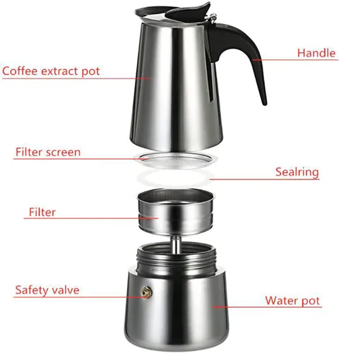 Miniatura 5 de Juego de cafetera espresso portátil de 6.8 fl oz, olla moka de acero inoxidable de 7 onzas con estufa eléctrica para oficina en casa, cafeterías