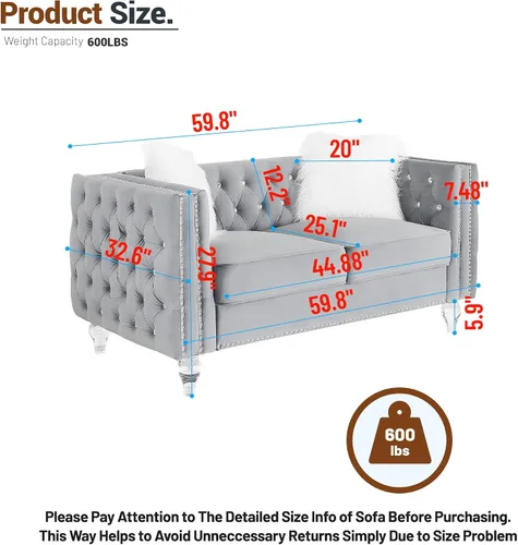 Miniatura 2 de Chesterfield - Sofá biplaza de lujo con patas acrílicas, sofás de 2 plazas, moderno de 59.84 pulgadas, con botones de diamante copetudo, con ribete