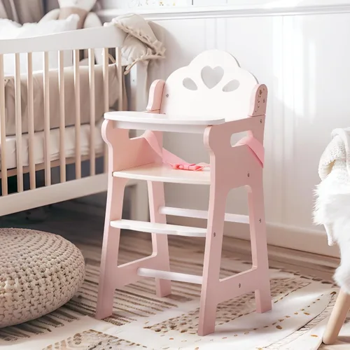 Miniatura 4 de ROBUD Silla alta de muñeca de bebé, silla alta de juego de simulación con cinturón de seguridad, accesorios de muñeca de madera rosa con mesa móvil