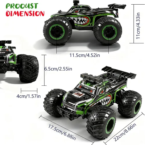 Miniatura 4 de Camión monstruo con control remoto para niños: coche RC todoterreno con faros y luces en el cuerpo, 1:18, 20 km/h, tracción a 2 ruedas, 2.4 GHz