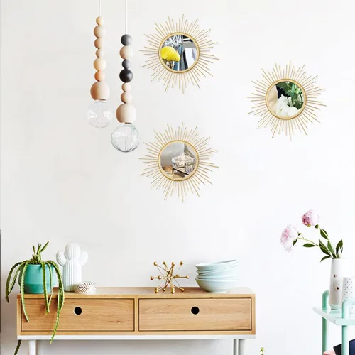 Miniatura 7 de Juego de 3 espejos metálicos para pared con diseño de rayos de sol para decoración del hogar, obra de arte para pared de sala de estar, dormitorio