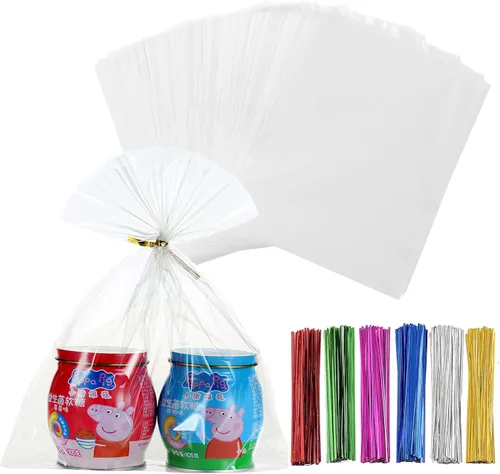 Miniatura 21 de 200 bolsas de celofán planas de celofán de 7 x 12 pulgadas con lazos torcidos de 6 colores, embalaje de galletas, dulces, postres de regalo, bolsas