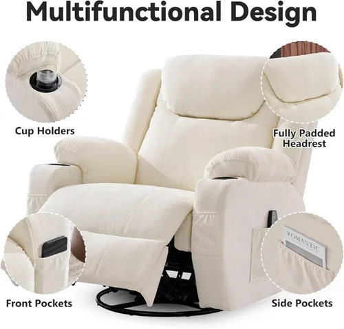 Miniatura 6 de Korser Silla reclinable de gran tamaño, reclinable giratorio de 360° para adultos, silla reclinable giratoria con calor y masaje, reclinable manual
