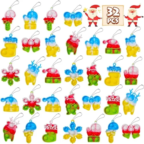 32 piezas de recuerdos de fiesta para niños: paquete de juguetes de mini llavero para reventar, rellenos de calcetines sensoriales de burbujas para