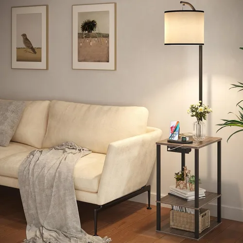 Miniatura 2 de Lámpara de pie SUNMORY con mesa, mesa auxiliar para sala de estar con lámpara, mesa lateral con estantes y estación de carga (puerto USB y AC)