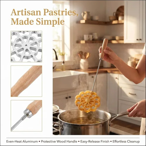 Miniatura 6 de Ciieeo Rosette Timbale Set Moldes de aluminio para gofres con mango de madera, plancha de pastelería sueca para galletas Bunuelos Herramienta