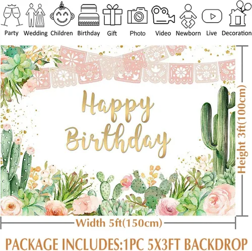 Miniatura 3 de Avezano Telón de fondo para fiesta de cumpleaños para niñas y mujeres, flores de cactus rosadas, fondo de feliz cumpleaños, temática mexicana