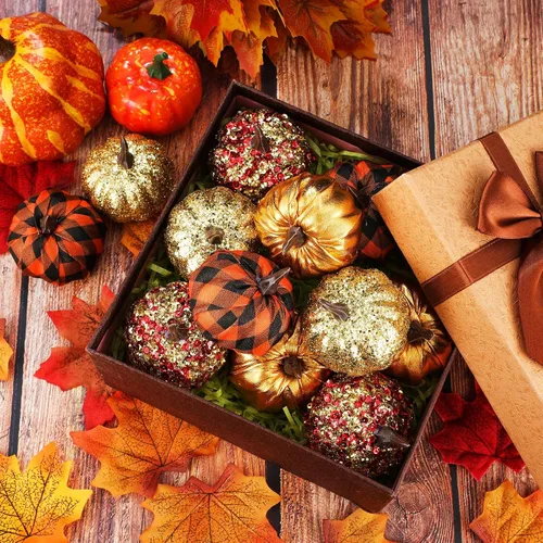 Miniatura 5 de Sotiff 12 adornos para árbol de Acción de Gracias, adornos colgantes de calabaza, bolas de espuma con purpurina, envueltas en tela, pequeñas
