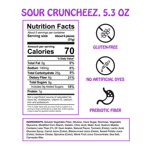 Miniatura 2 de Rotten Sour Gummy Cruncheez - Bajo en azúcar, bajo en calorías, 5g de fibra prebiótica amigable para el intestino, dulces sin gluten, sin colorantes